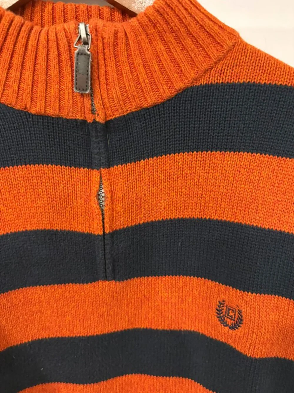 Chaps Men’s XL Quarter Zip Sweater Orange Navy Striped Cotton Preppy UVA